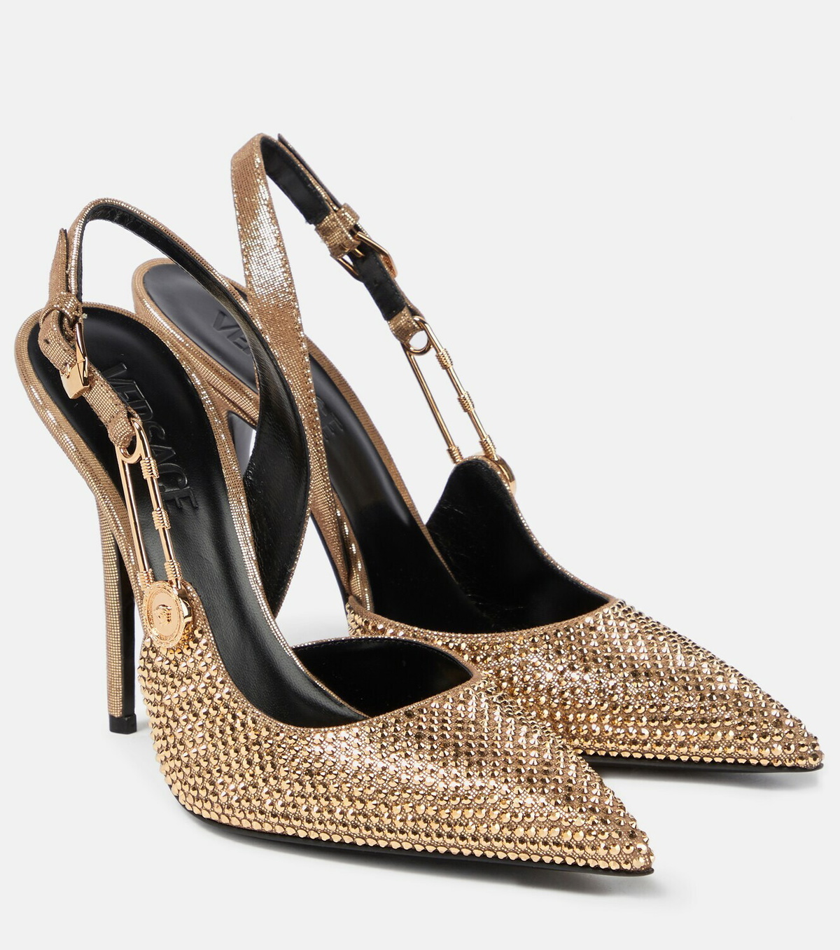 Versace - Safety Pin embellished leather pumps Versace