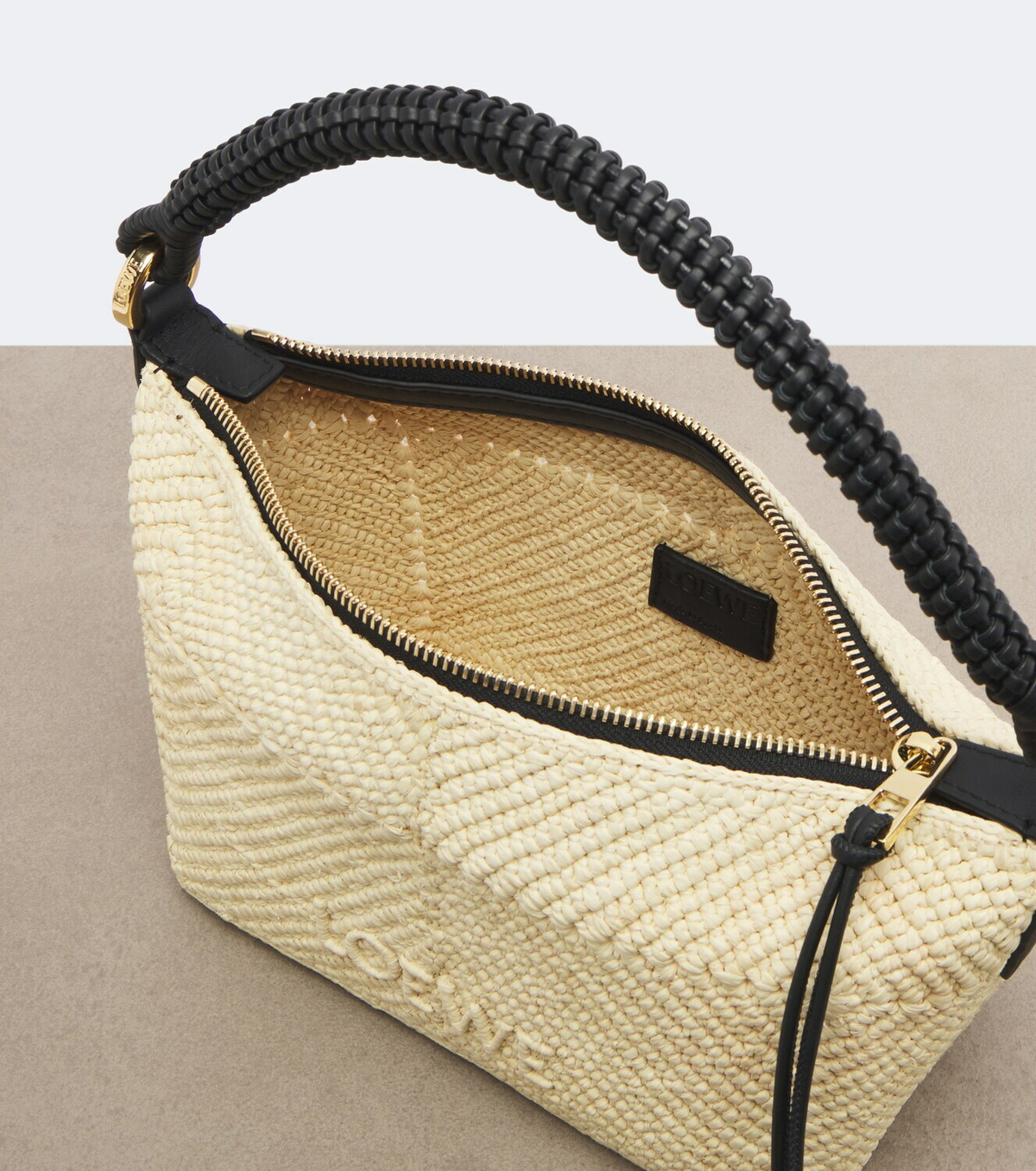 Loewe Cala Mini leather-trimmed raffia top-handle bag