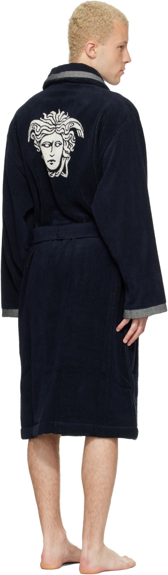 Versace Navy Cotton-Terry Jacquard Bathrobe