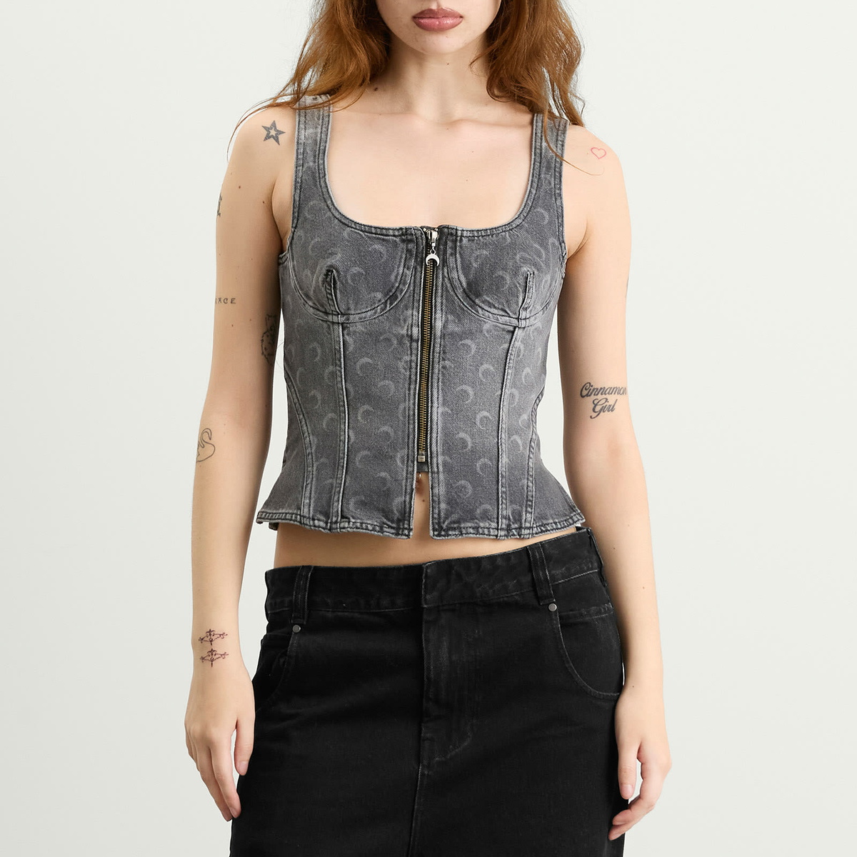 Marine Serre Women's Moon Laser Denim Bustier Top in Dark Grey