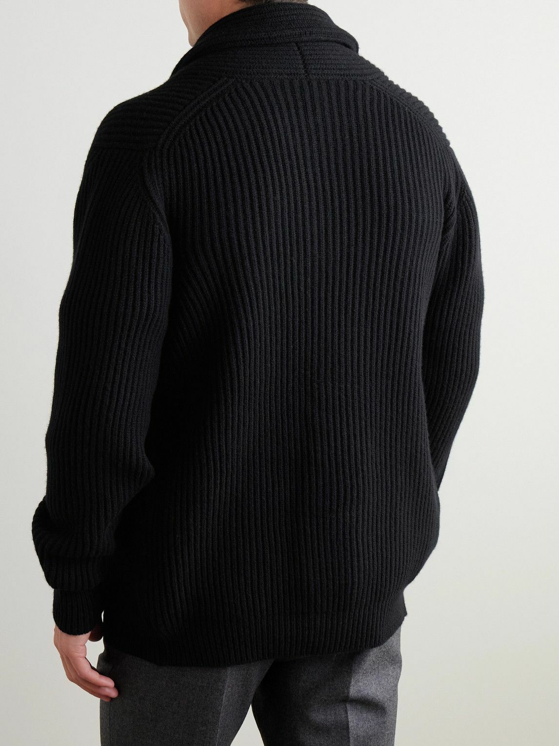 Kingsman - Shawl-Collar Ribbed Wool Cardigan - Black