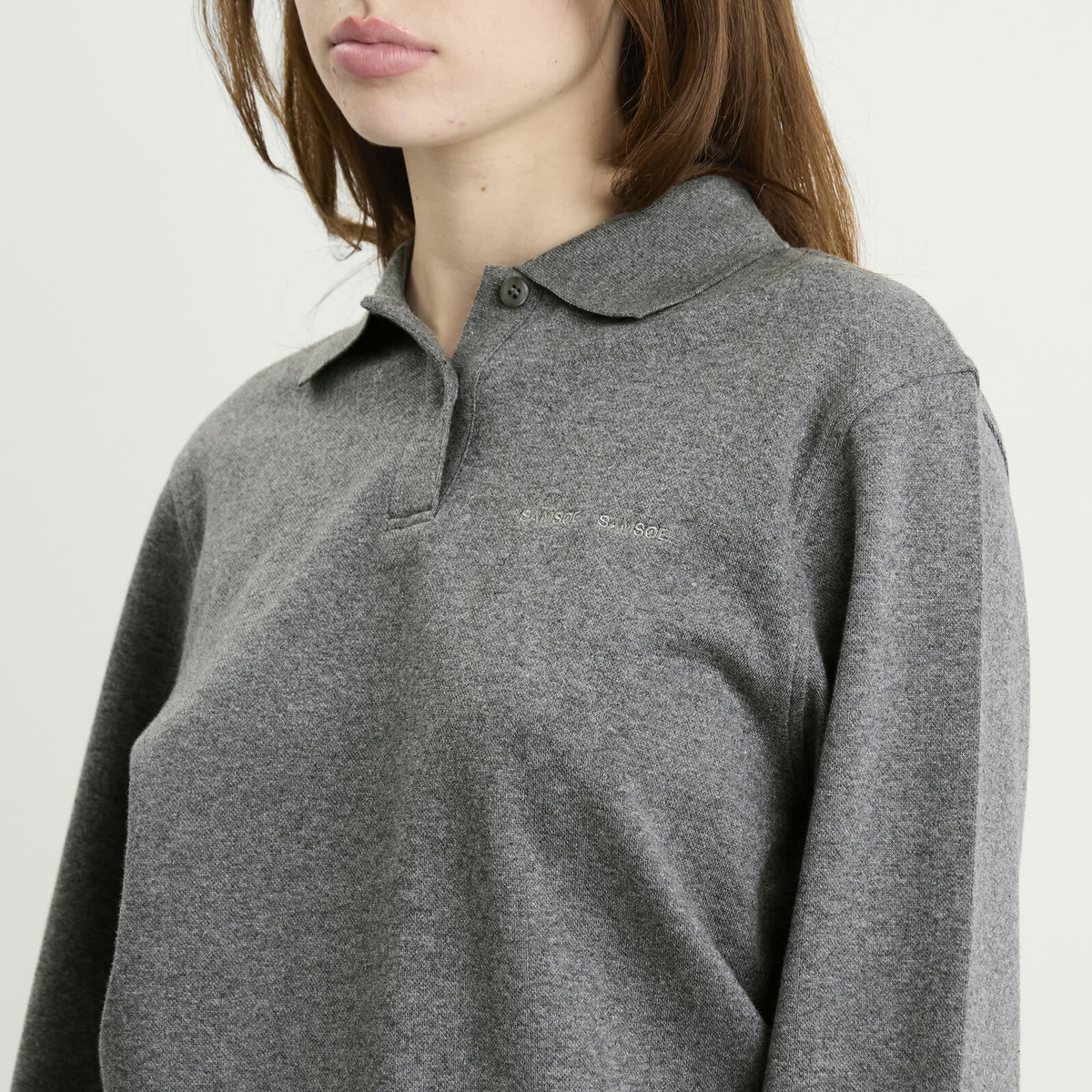 Samsøe Samsøe Women's Sadory Long Sleeve Polo Top in Mid Grey Melange