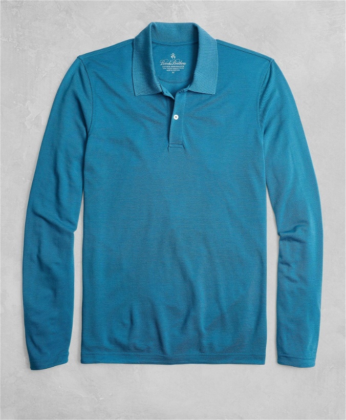 Photo: Brooks Brothers Men's Golden Fleece Brooks, Tech Two-Button Long-Sleeve Polo Shirt | Teal