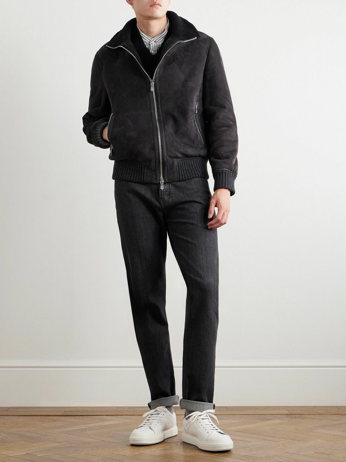 Brunello Cucinelli - Ribbed Knit-Trimmed Shearling Bomber Jacket