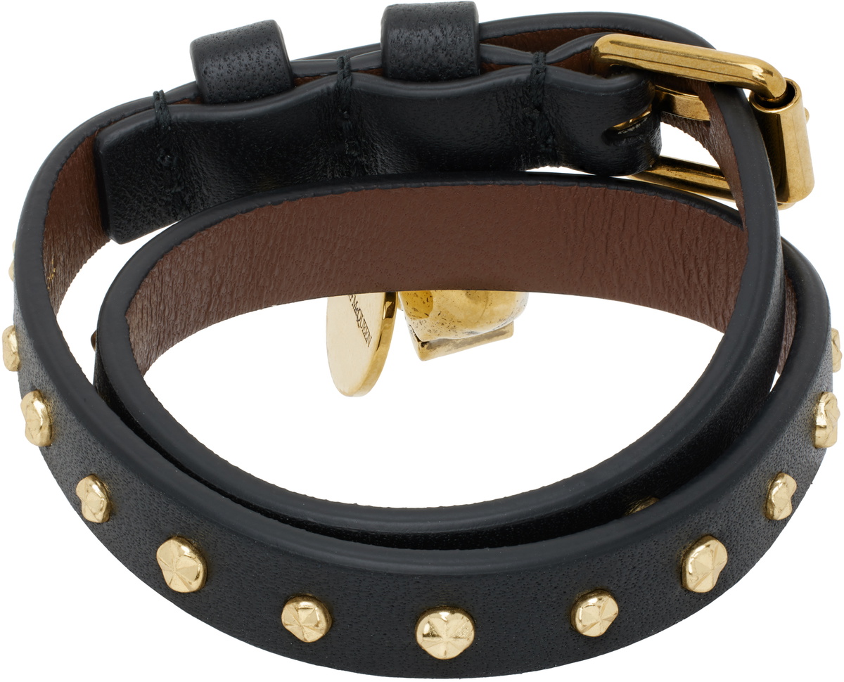 McQueen Black Hammered Studs Double-Wrap Bracelet
