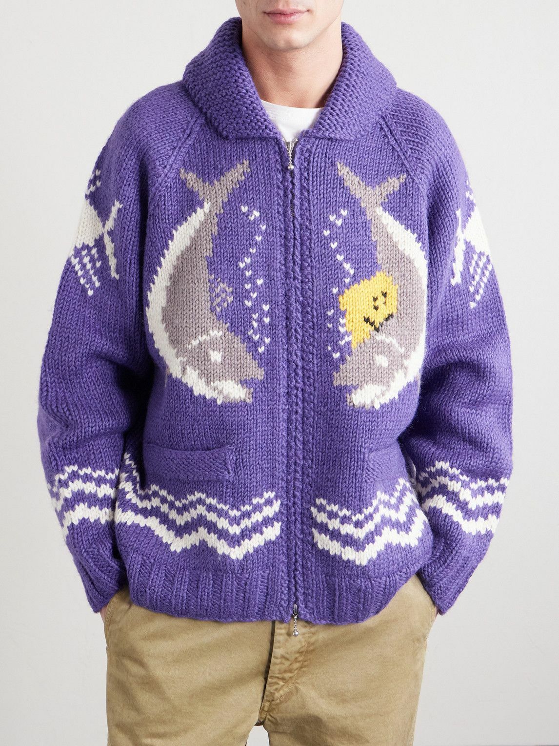 KAPITAL - Intarsia Wool Zip-Up Cardigan - Purple KAPITAL
