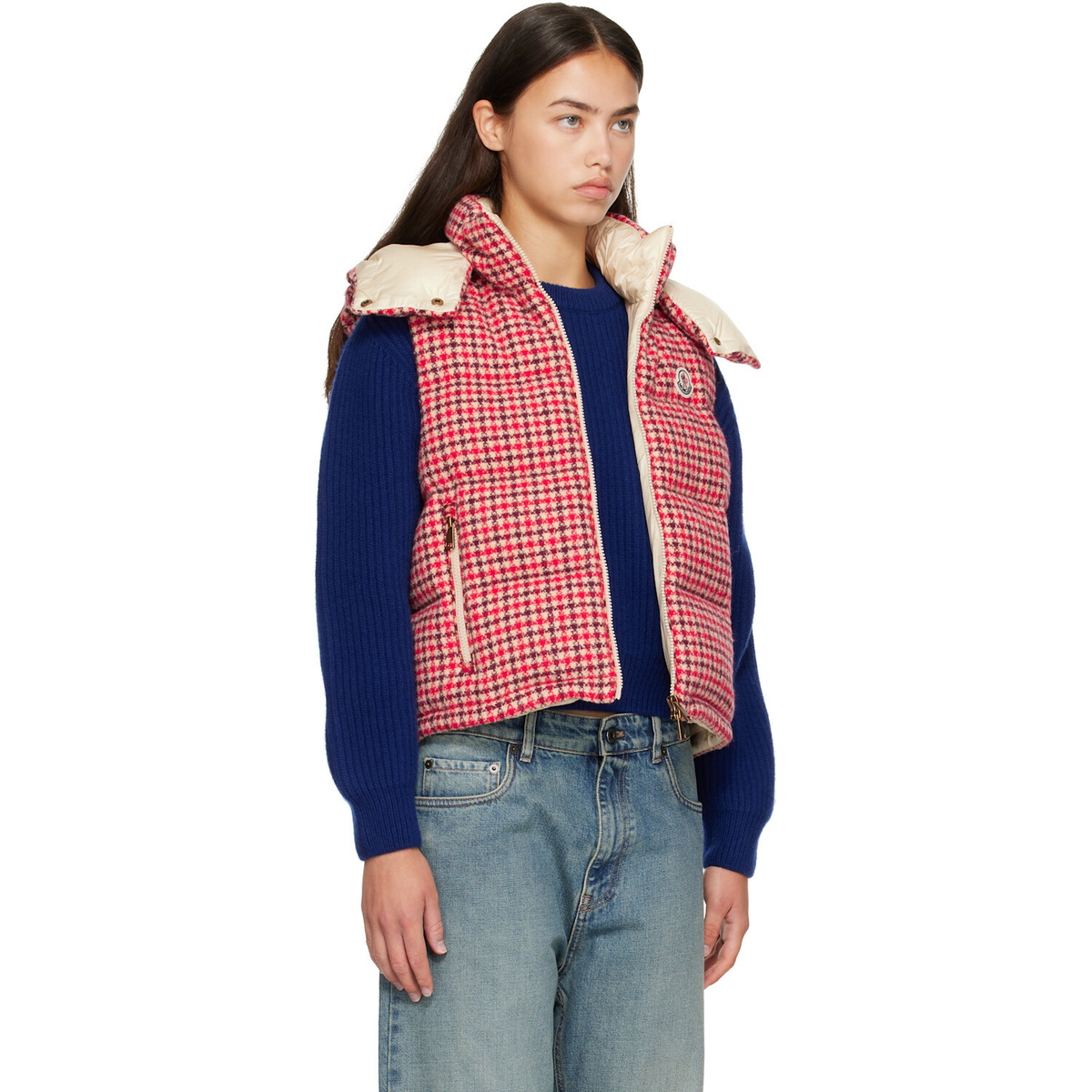 Moncler Red Niverolle Houndstooth Wool Blend Down Vest