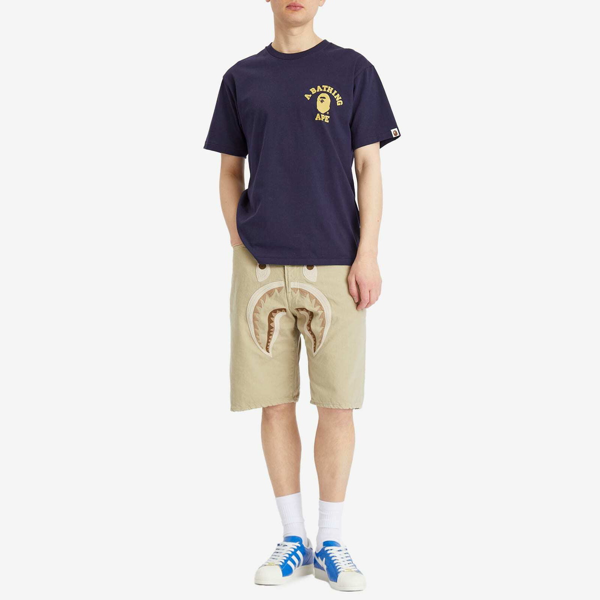 A Bathing Ape Men's Shark Garment Dye Relaxed Fit Denim Shorts in Beige