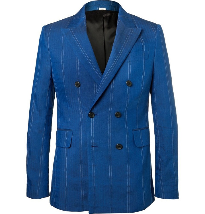 Photo: Stella McCartney - Cobalt Slim-Fit Double-Breasted Pinstriped Linen-Blend Suit Jacket - Men - Cobalt blue