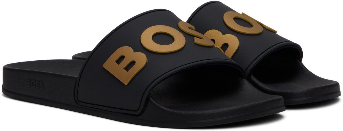 BOSS Black & Gold Raised Logo Pool Slides BOSS