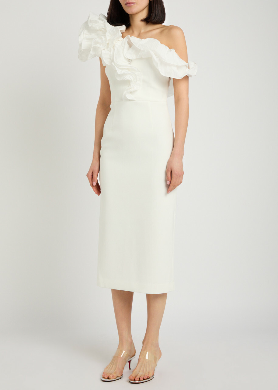 Rebecca Vallance Ozias Ruffled Crepe Midi Dress Ivory