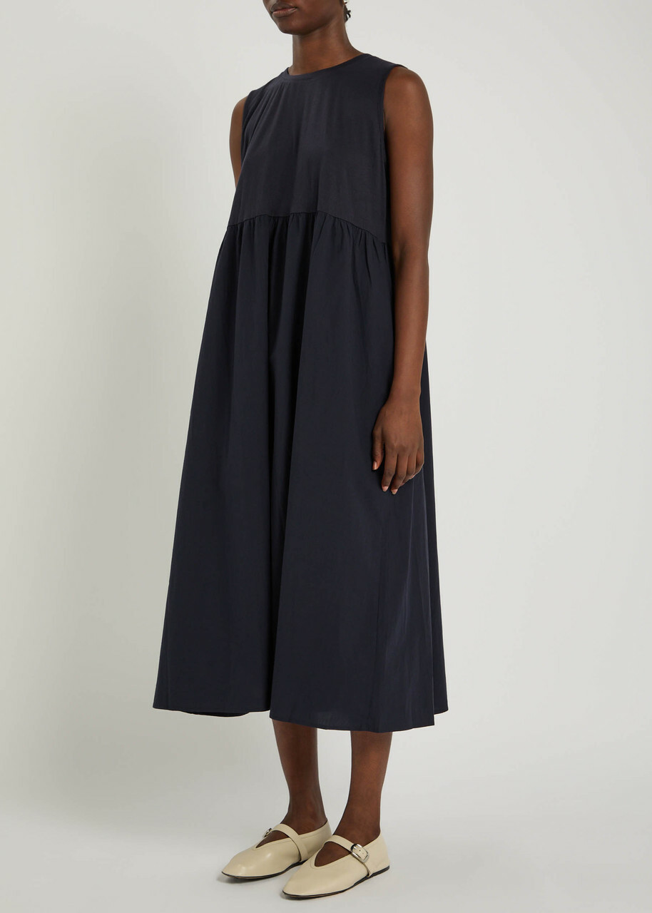 Eileen Fisher Pleated Cotton Midi Dress Dark Blue