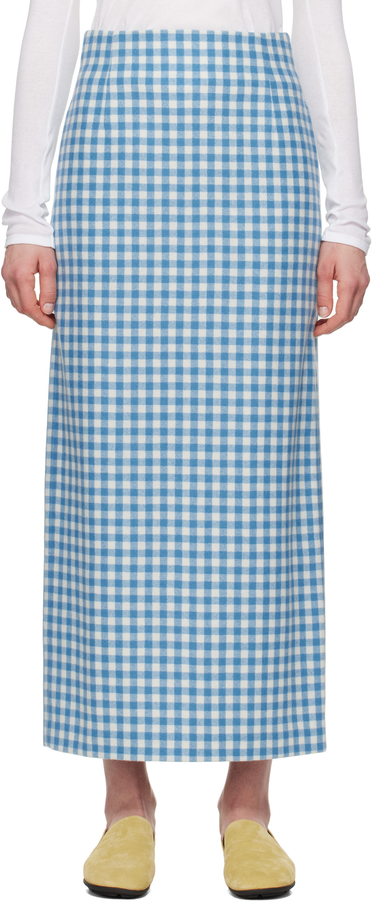 AURALEE Blue & White Airy Smooth Cashmere Maxi Skirt Auralee