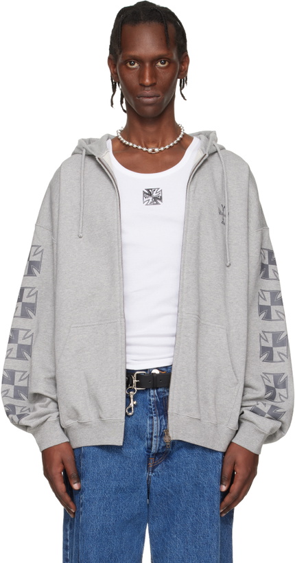 Photo: VETEMENTS Gray Biker Cross Sleeves Zip-Up Hoodie