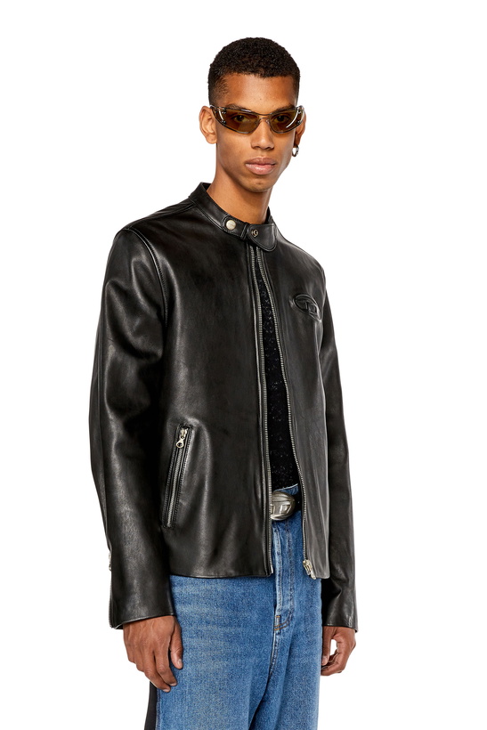 Photo: Diesel Leather biker jacket with distressed logo - Leather jackets Mens in Black