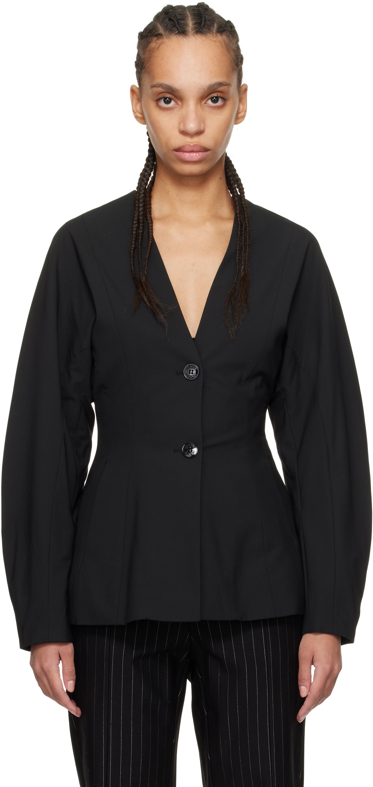 GANNI Black Fitted Drapey Melange Blazer GANNI