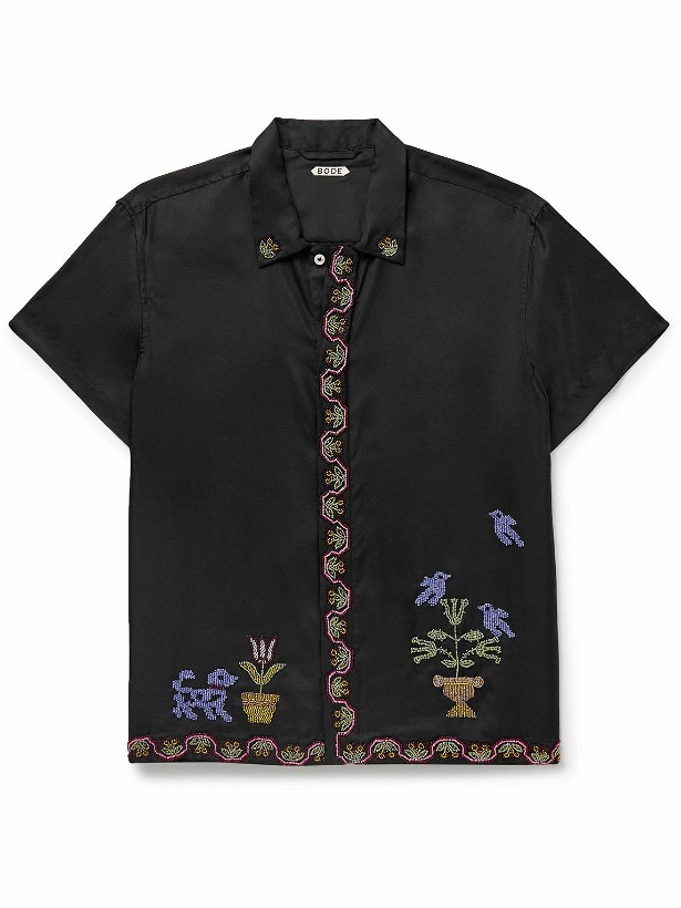 Photo: BODE - Garden Sampler Bead-Embellished Silk-Twill Shirt - Black