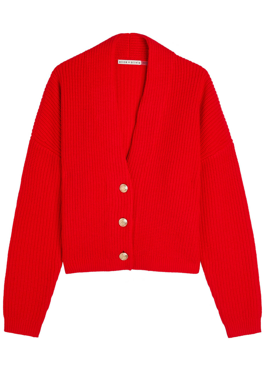 Alice + Olivia Holden Ribbed Wool-blend Cardigan Red