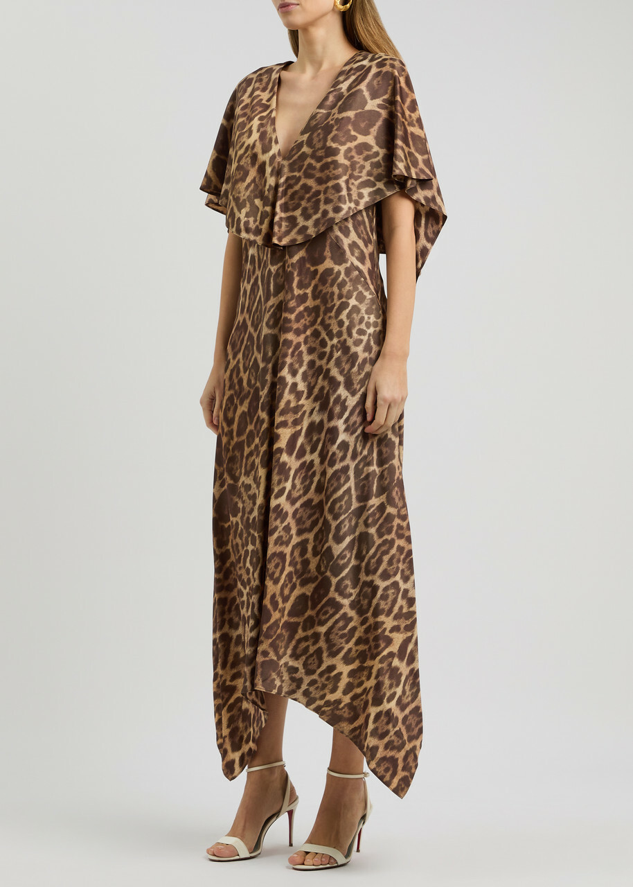 knee length dresses for ladies Leopard Print Satin Midi Dress Brown