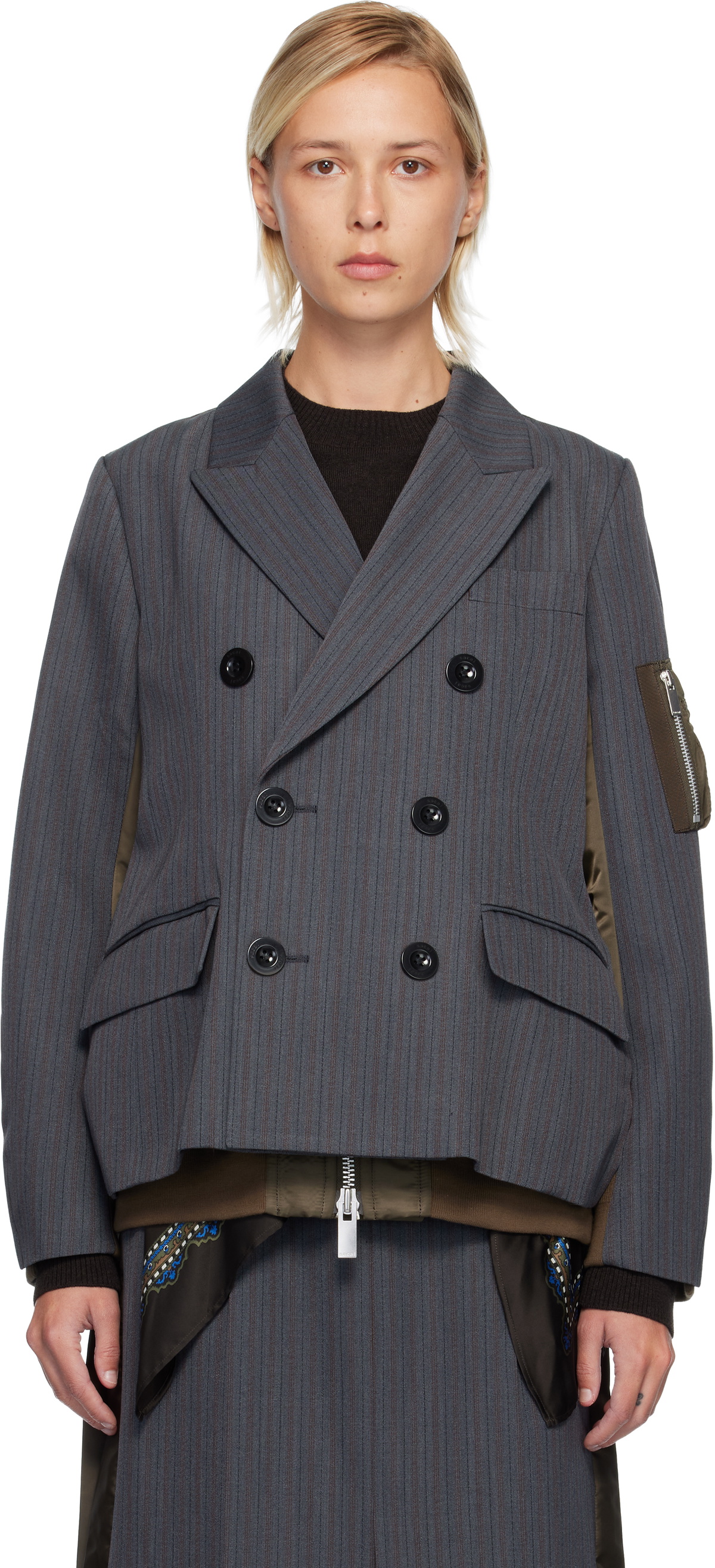 sacai Gray Stripe Doeskin & Nylon Twill Blazer