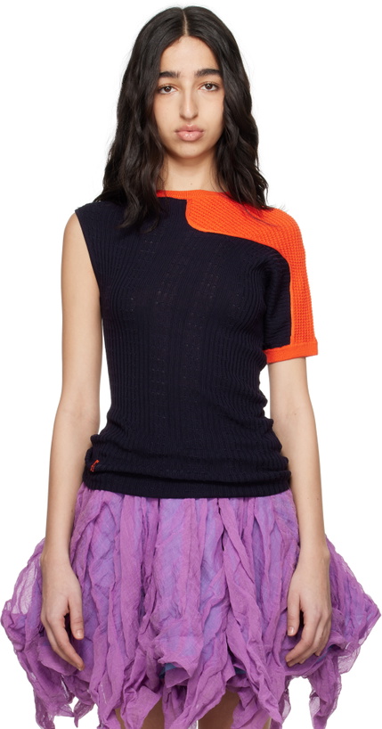 Photo: Kiko Kostadinov Navy & Orange Nomas Asymmetric Knit Raglan Sweater