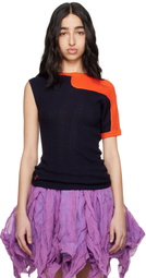 Kiko Kostadinov Navy & Orange Nomas Asymmetric Knit Raglan Sweater