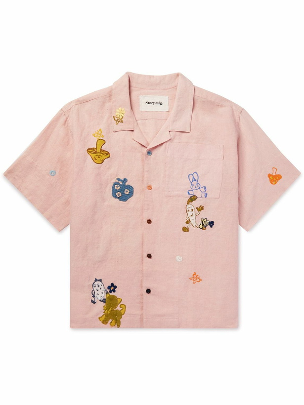 Photo: Story Mfg. - Greetings Camp-Collar Printed Embroidered Cotton and Linen-Blend Shirt - Pink