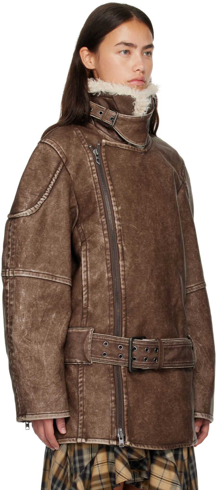 Diesel Brown Double-Breasted Aviator-Biker Coat