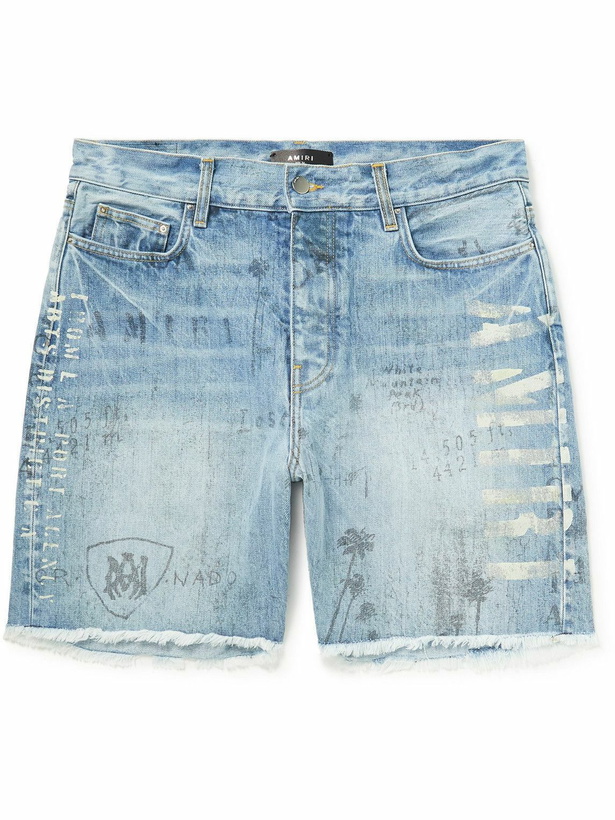 Photo: AMIRI - Straight-Leg Logo-Print Distressed Denim Shorts - Blue