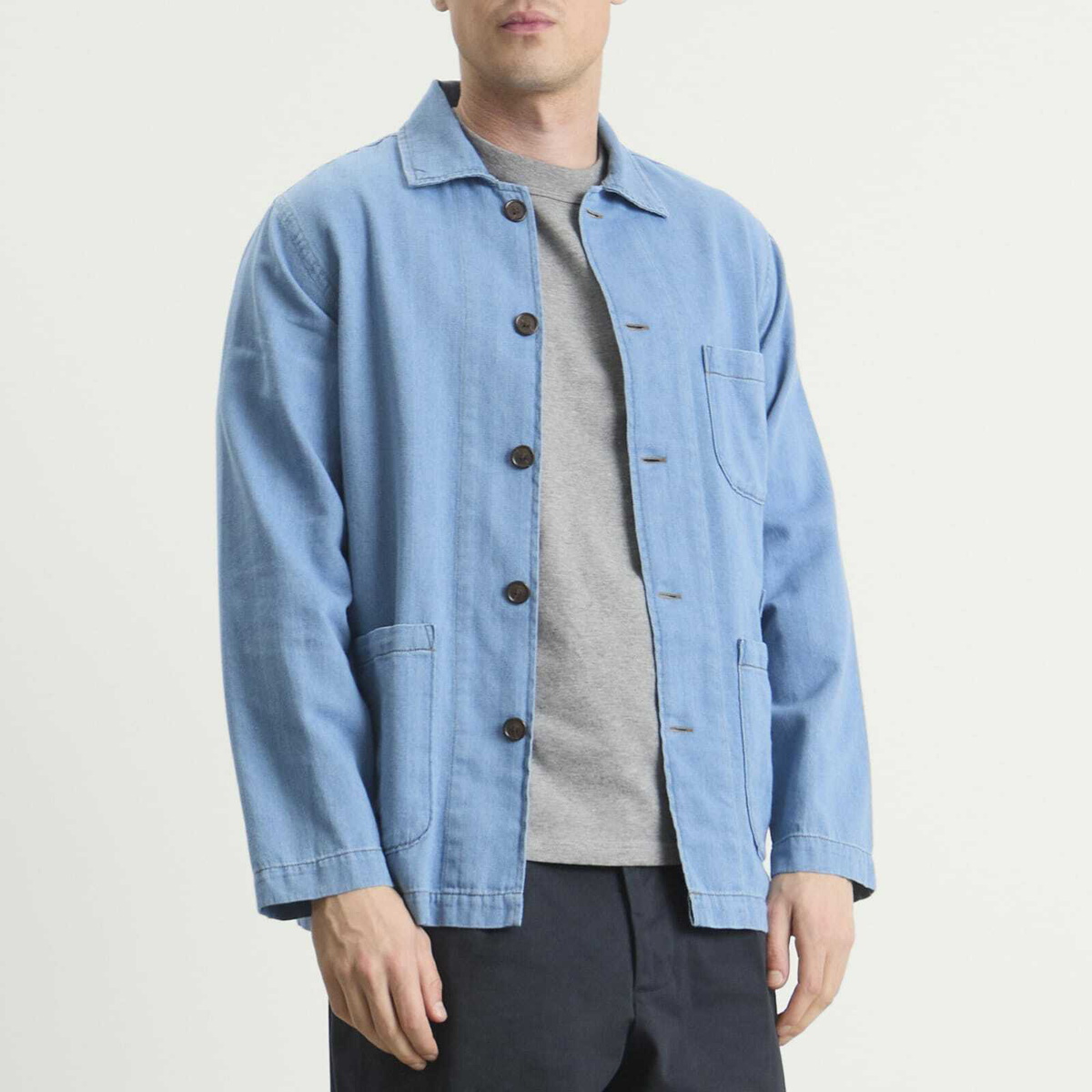 Universal Works Men's Herringbone Bakers Overshirt in Washed Indigo