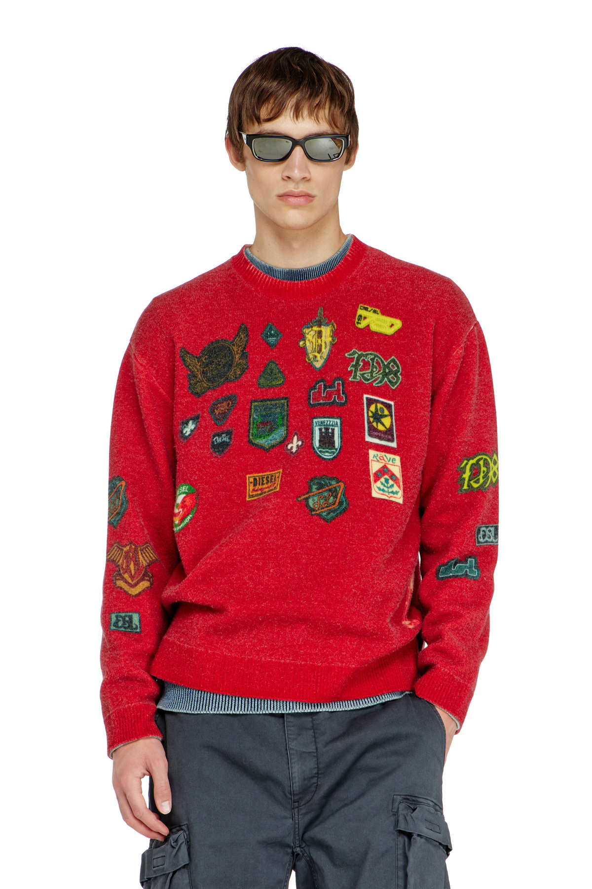 Diesel Wool jumper with printed patches - Knitwear Mens in Red