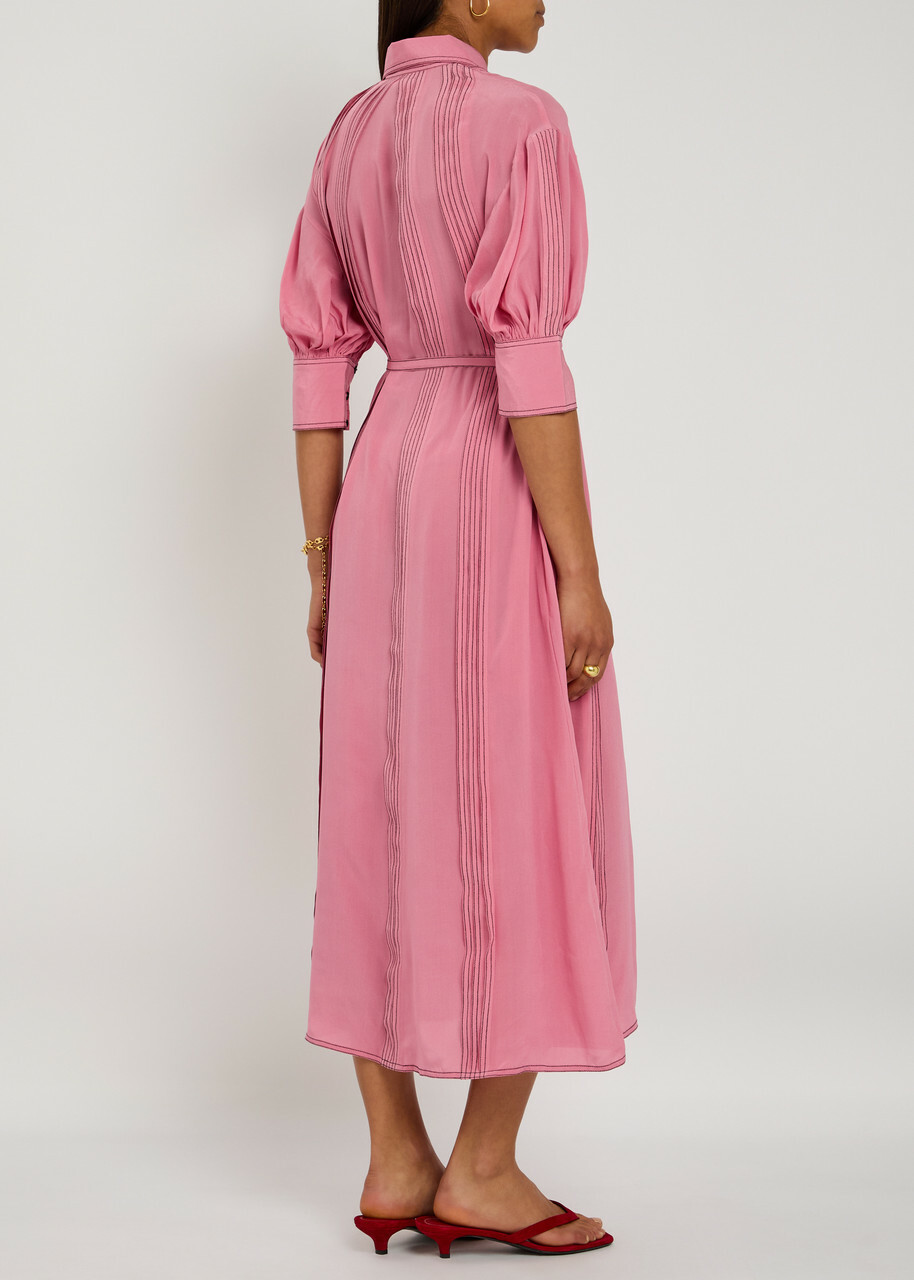 Lovebirds Natalie Pintuck Silk-chiffon Midi Dress Pink