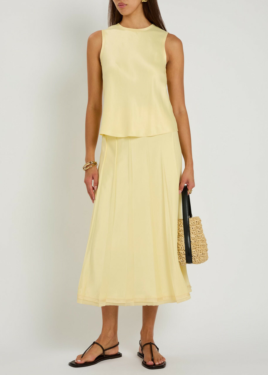 Vince Pleated Satin Midi Skirt Yellow
