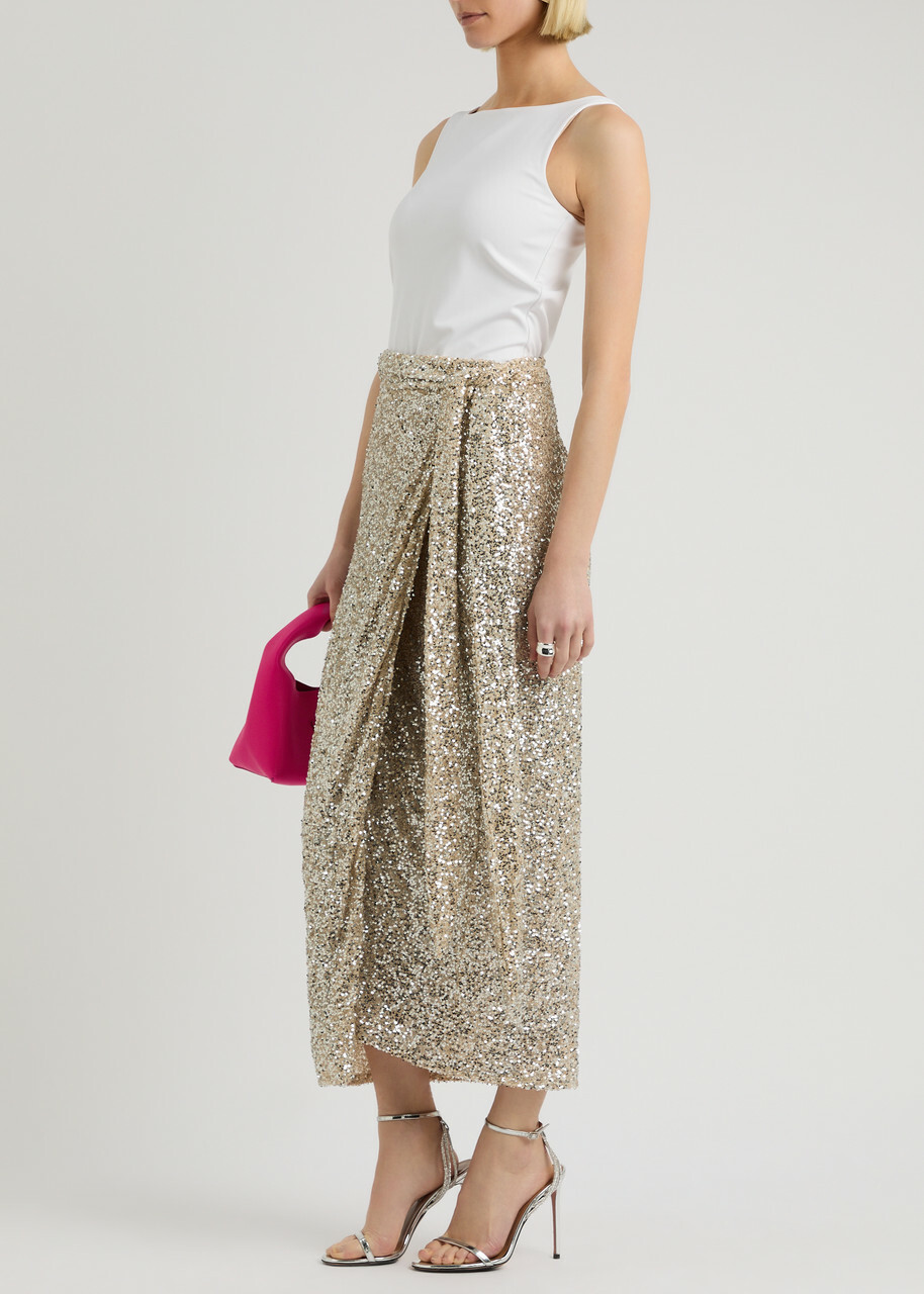Never Fully Dressed Jaspre Sequin Midi Wrap Skirt Silver