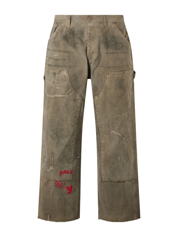 Photo: Paly Hollywood - Been Thru It Straight-Leg Distressed Waxed Cotton-Canvas Trousers - Green