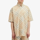 Burberry Men's EKD Logo Short Sleeve Check Shirt in Flax Check