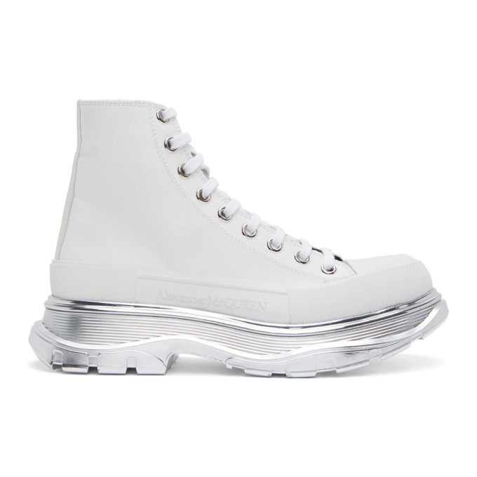 Photo: Alexander McQueen White and Silver Tread Slick Platform High Sneakers