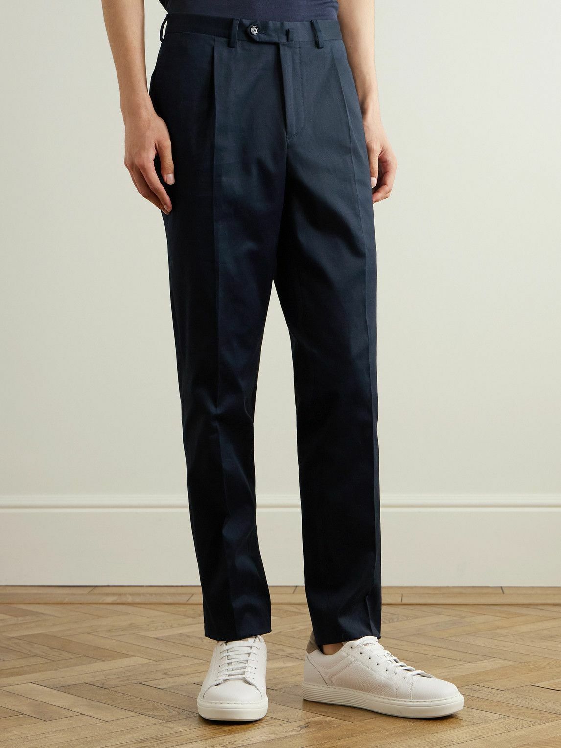 De Petrillo - Straight-Leg Pleated Stretch Cotton-Twill Trousers - Blue