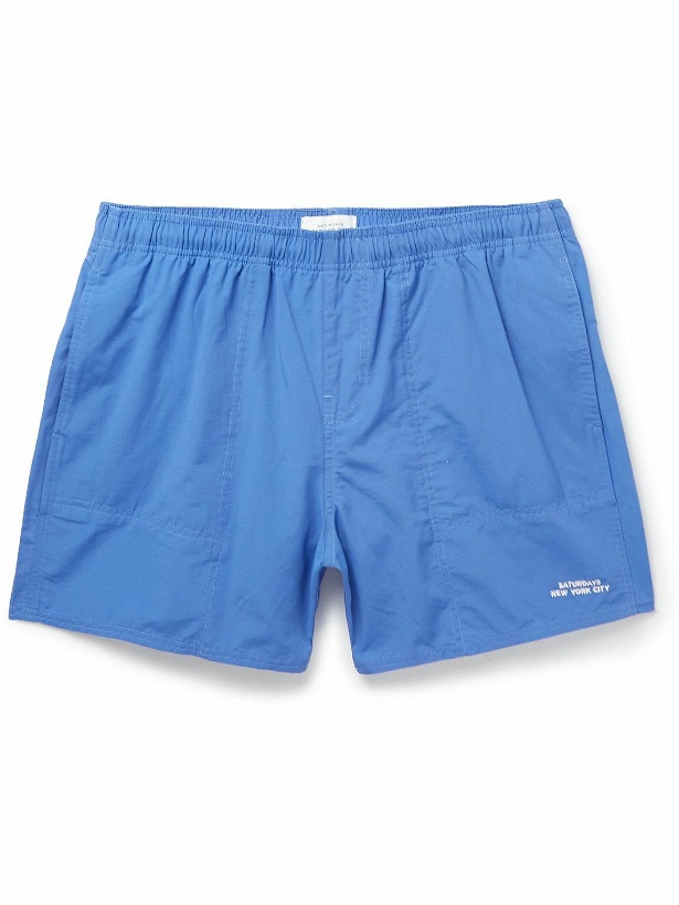 Photo: Saturdays NYC - Talley Shorth-Length Embroidered Swim Shorts - Blue