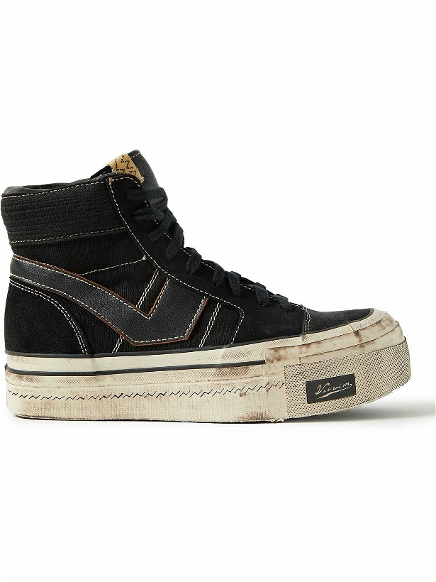 Photo: Visvim - Zephyr Hi Distressed Leather-Trimmed Cotton-Canvas High-Top Sneakers - Black