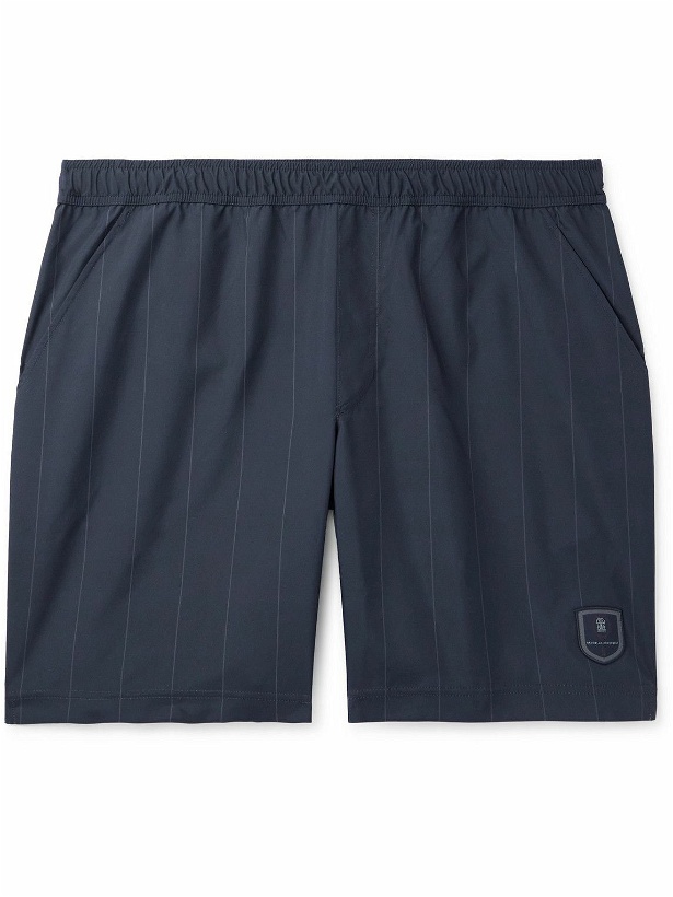 Photo: Brunello Cucinelli - Straight-Leg Logo-Appliquéd Striped Shell Tennis Shorts - Blue