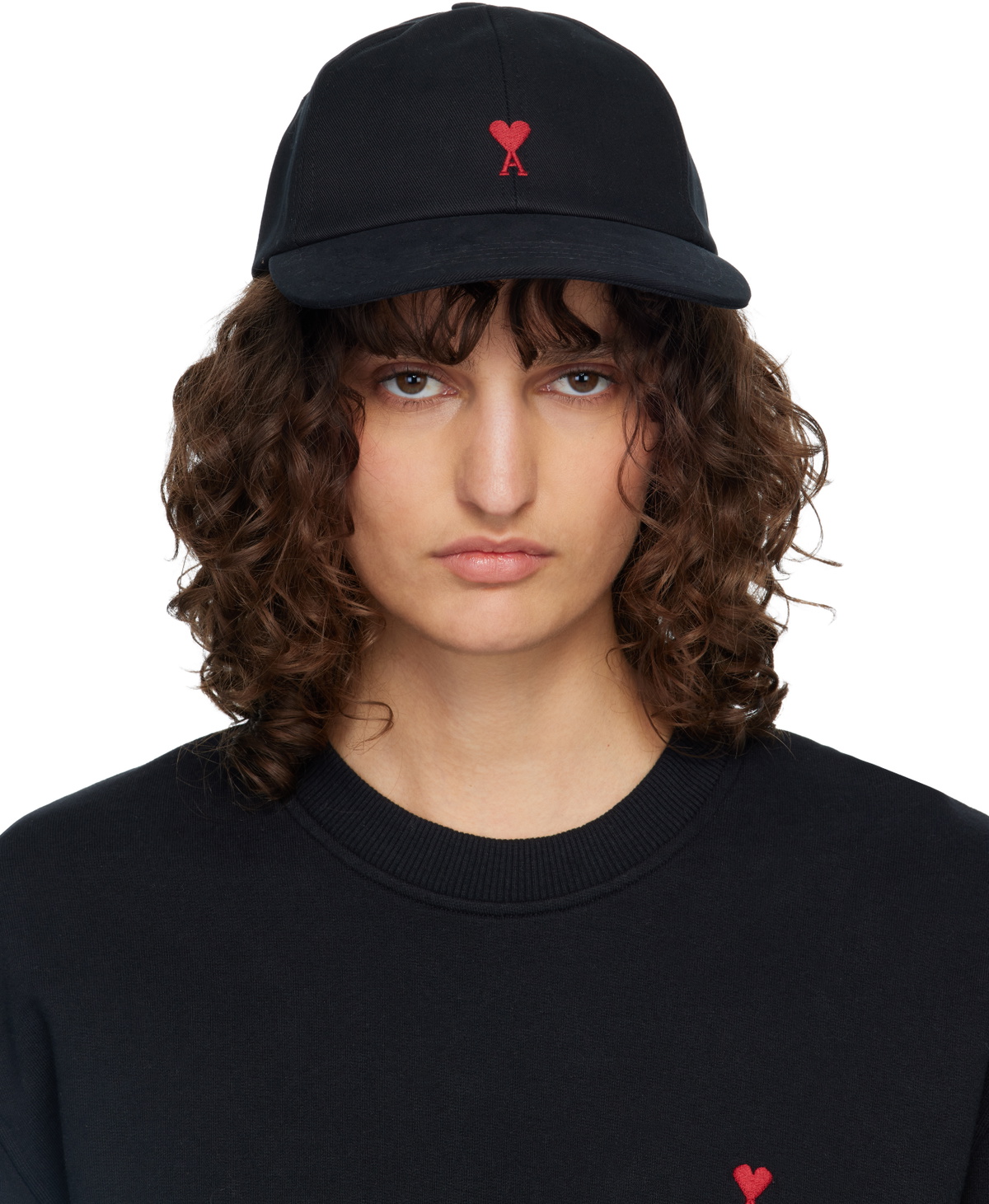 AMI Paris Black Cotton Ami de Coeur Embroidery Cap