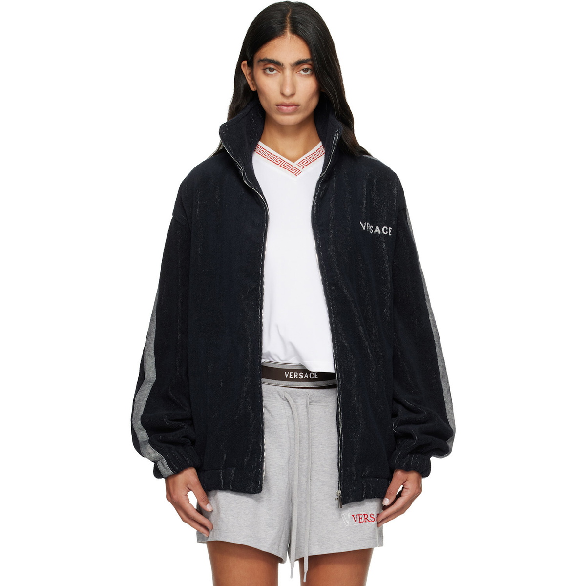 Versace Navy Cotton-Terry Jacquard Zip Jacket