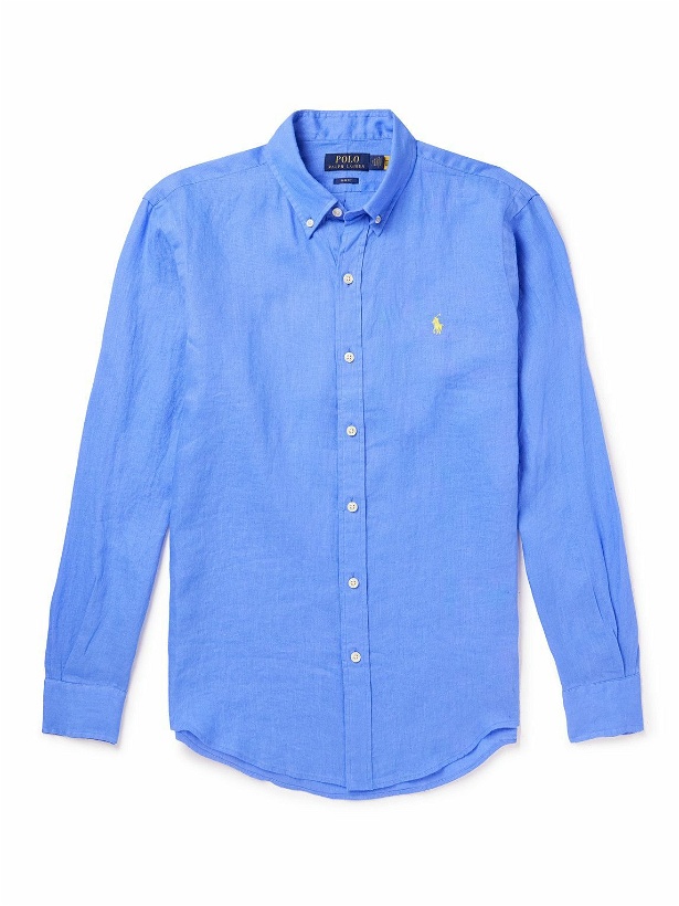 Photo: Polo Ralph Lauren - Button-Down Collar Logo-Embroidered Linen Shirt - Blue