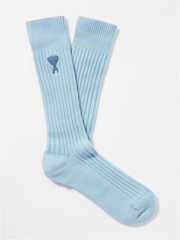 Photo: AMI PARIS - Logo-Embroidered Ribbed Cotton-Blend Socks - Blue