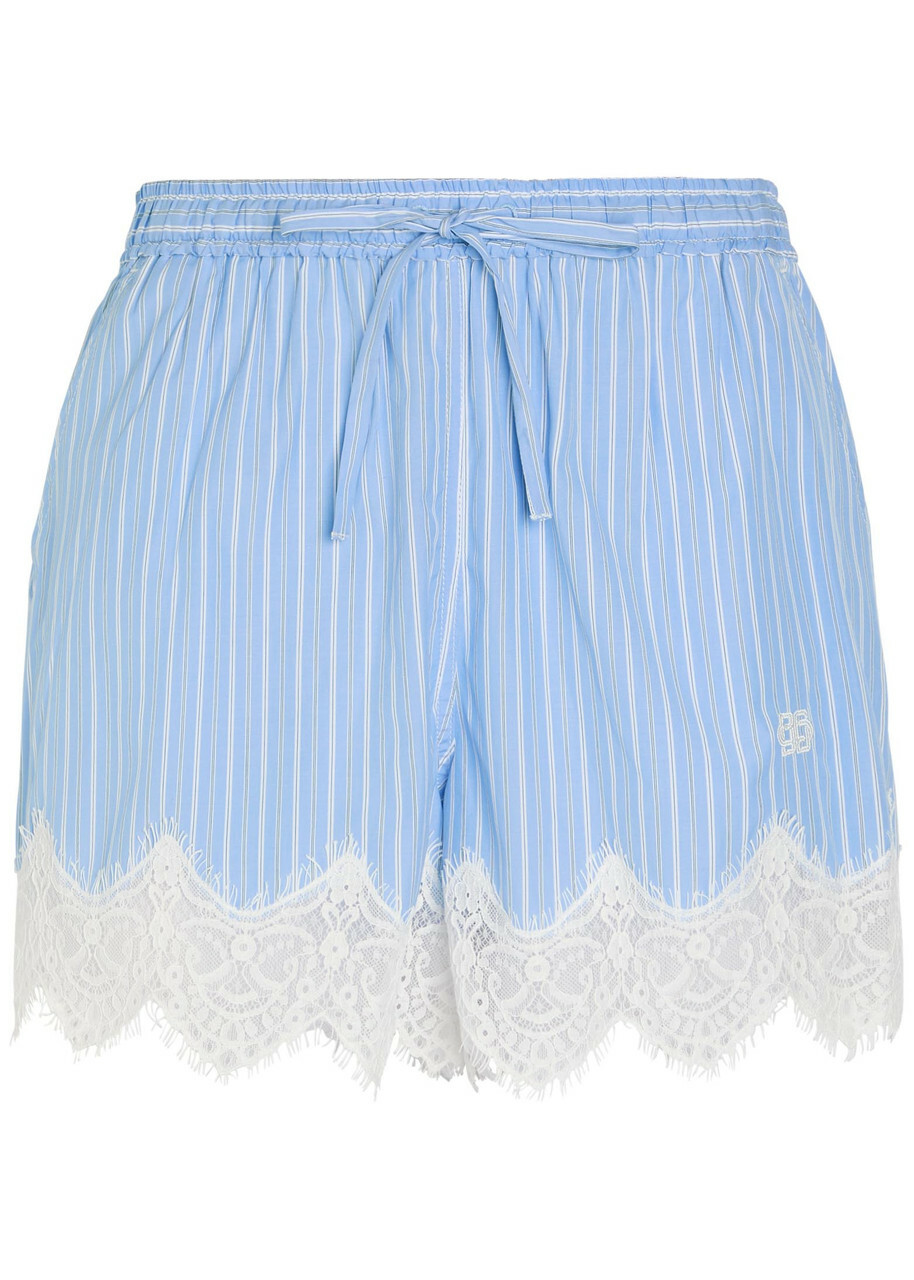 Simkhai Emmie Striped Lace-trim Cotton-poplin Shorts Blue