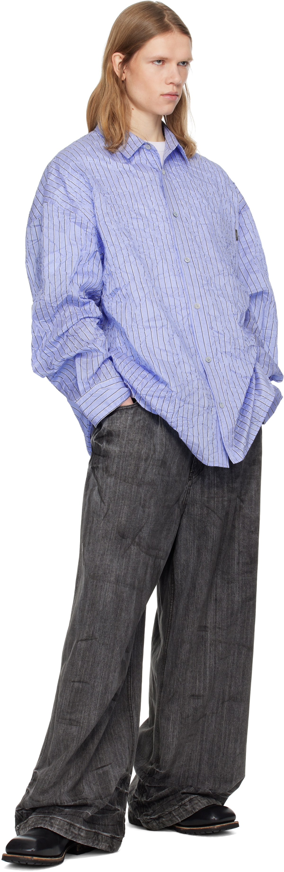 Juun.J Blue Crinkled Stripe Shirt