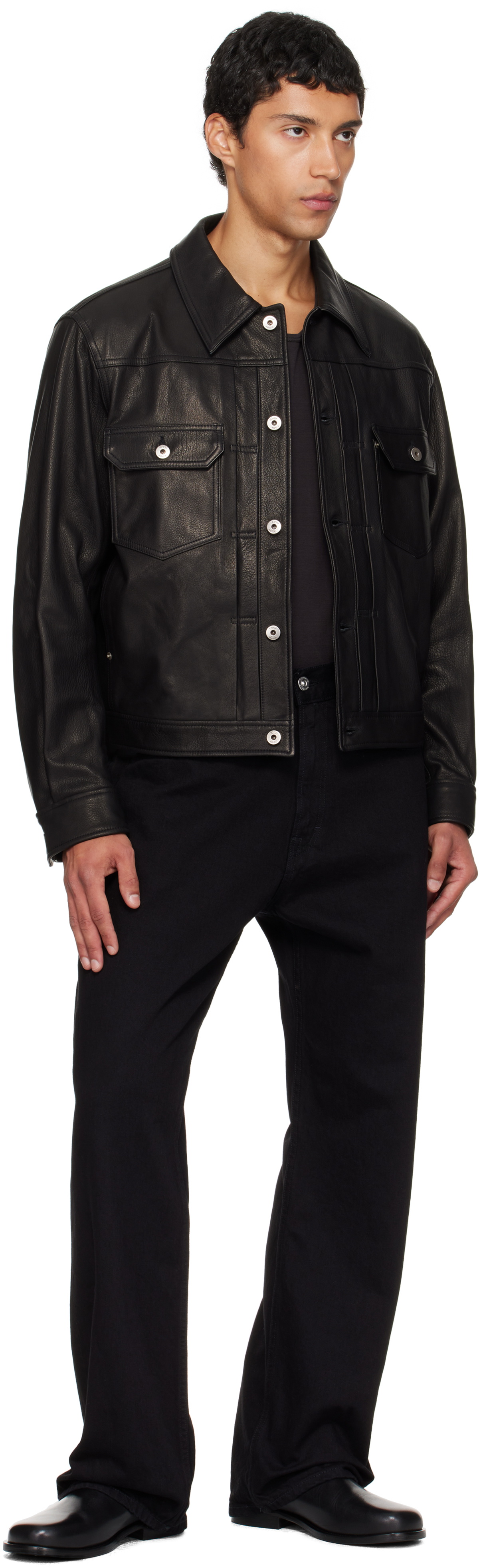 COOR Black Goat Skin Pocket Trucker Leather Jacket