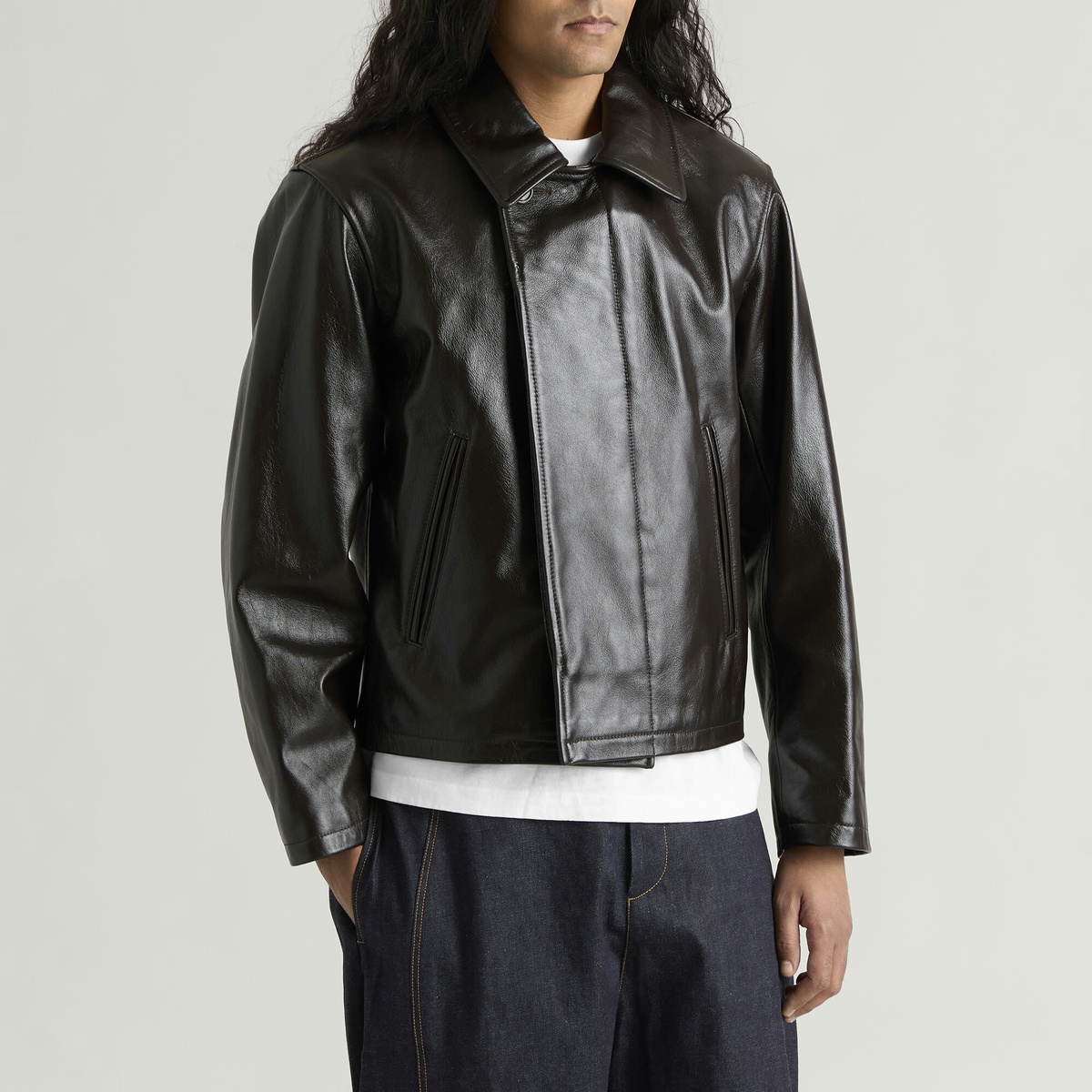 Sage Nation Men's Fold Leather Blouson in Dark Brown