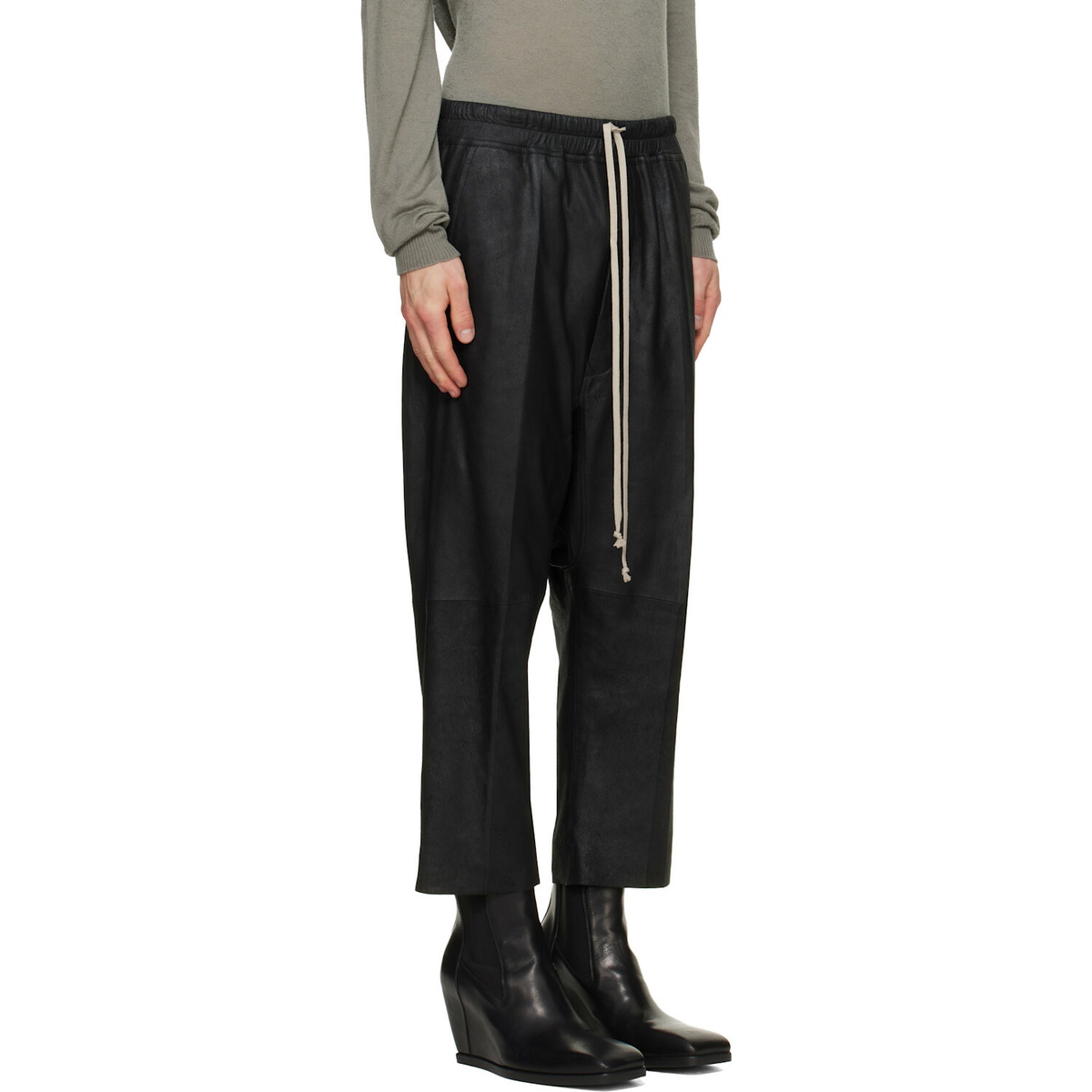 Rick Owens Black Tower Drawstring Cropped Leather Pants